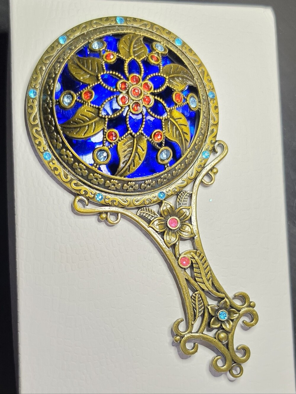 Ornate Floral Hand Mirror with Colored Rhinestones